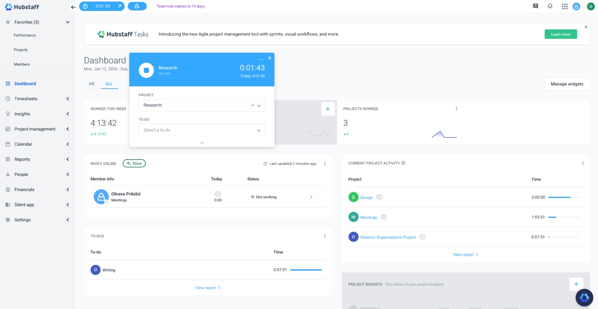 Starting the timer in Hubstaff