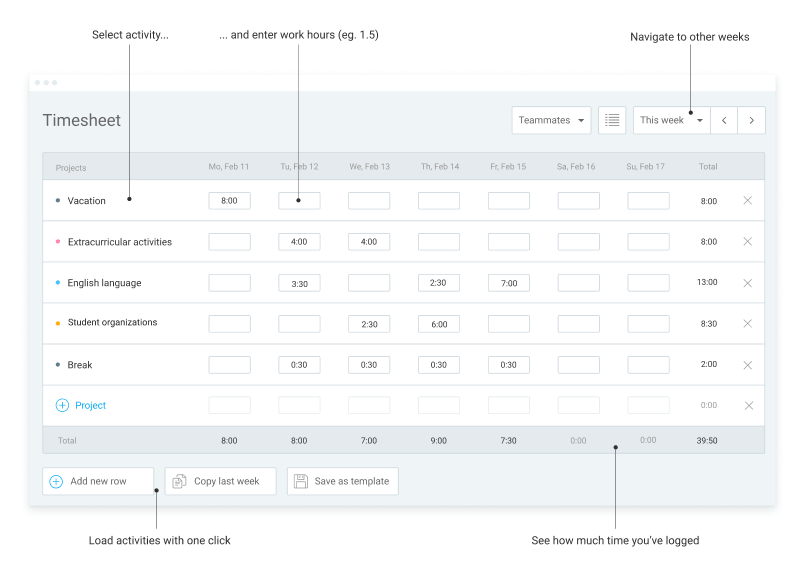 Timesheet feature in Clockify (screenshot)