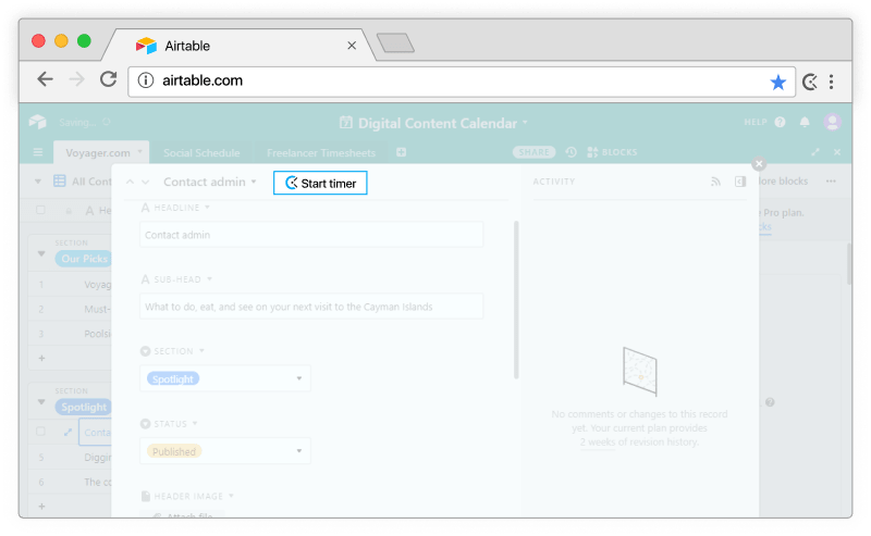 Airtable suivi du temps - minuteur apparaît dans les tâches de Airtable