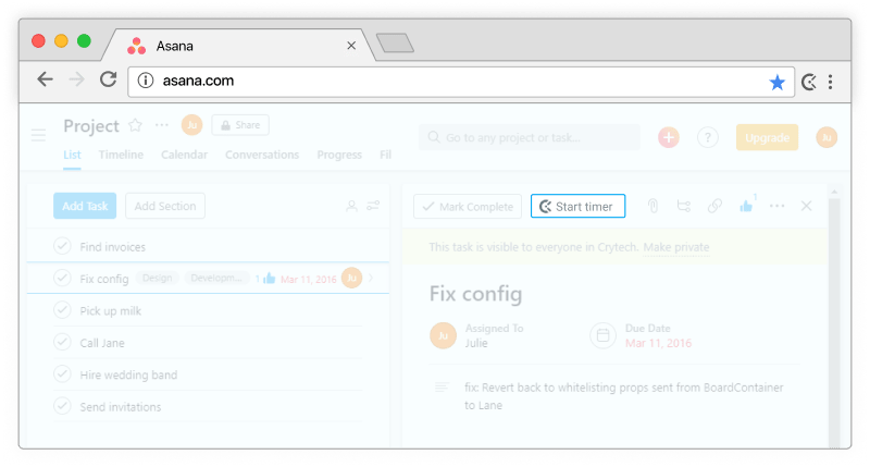 Control del tiempo en Asana - el temporizador aparece en las tareas