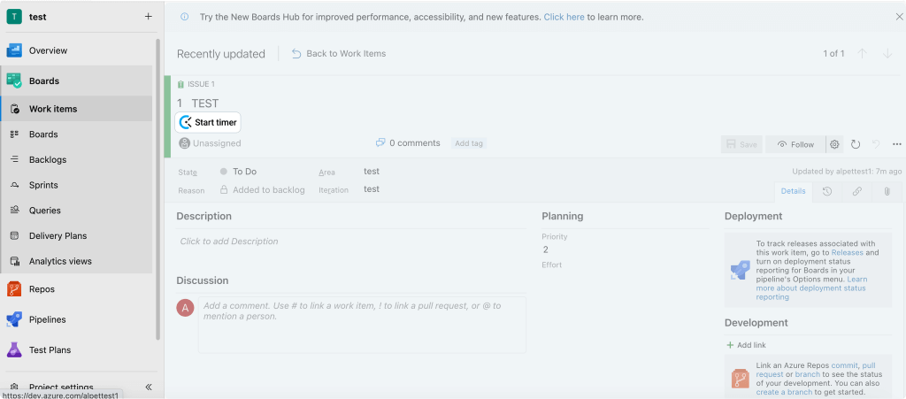 Rastreamento de tempo do Azure DevOps - o cronômetro aparece eno Azure DevOps