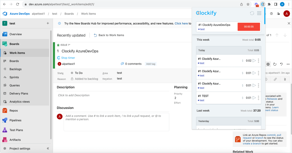 Screenshot der Zeiterfassung-Integration in Azure DevOps