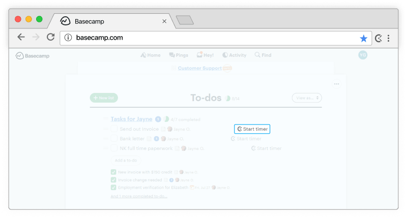 Control del tiempo para Basecamp - temporizador aparece en tareas pendientes de Basecamp