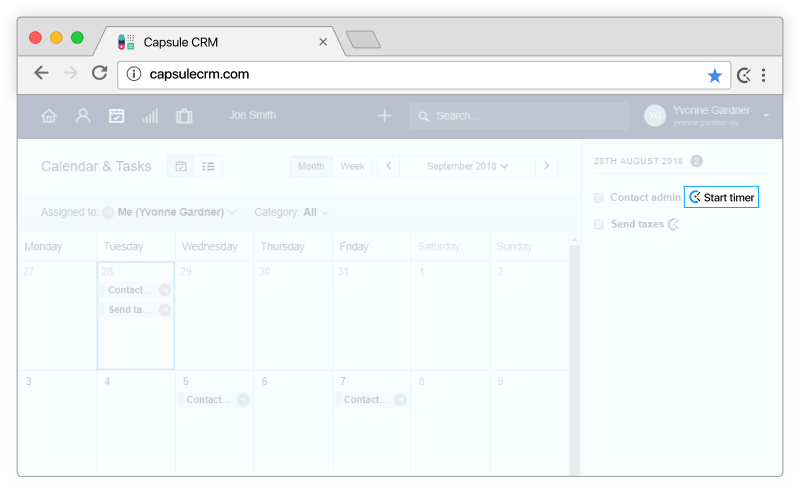 Capsule CRM time tracking - timer appears in Capsule CRM tasks