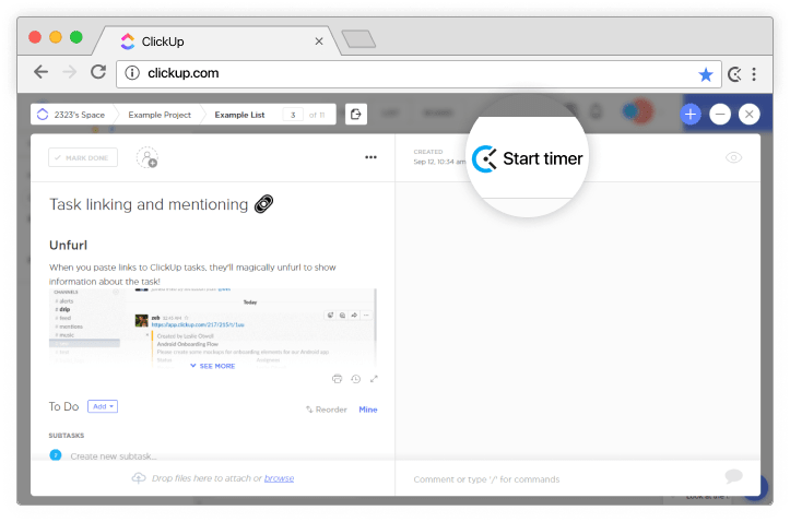 Captura de tela da integração de rastreamento de tempo ClickUp