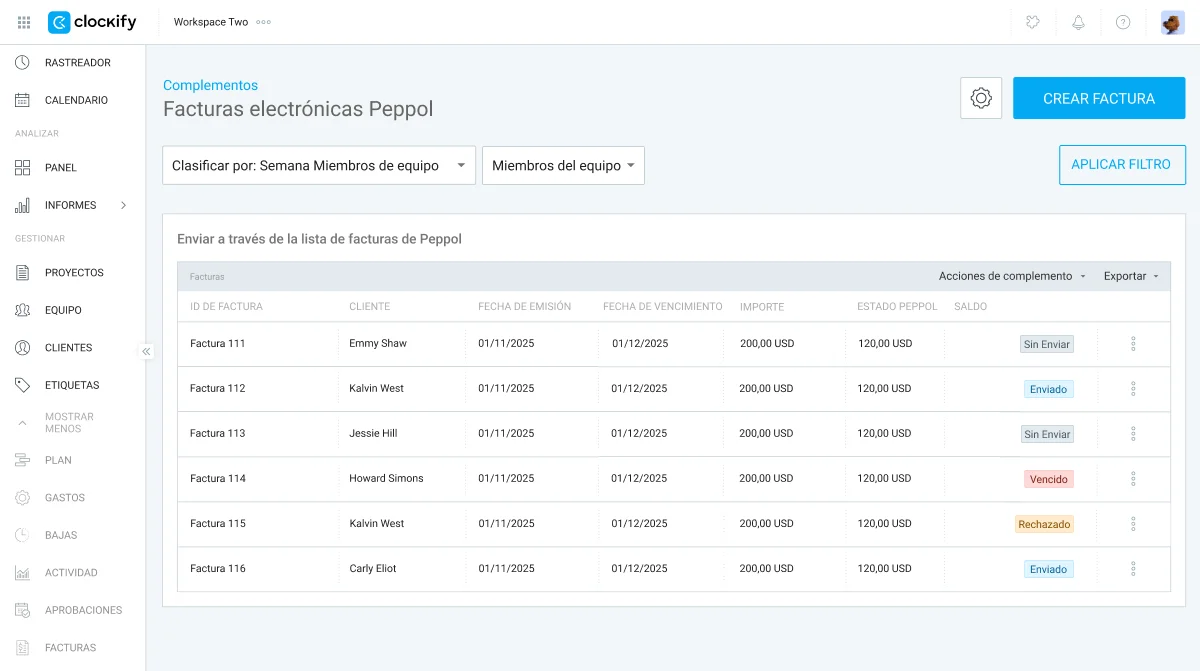 Envía facturas de Clockify a Peppol