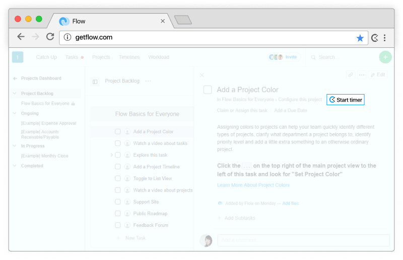 Flow time tracking - timer appears on tasks