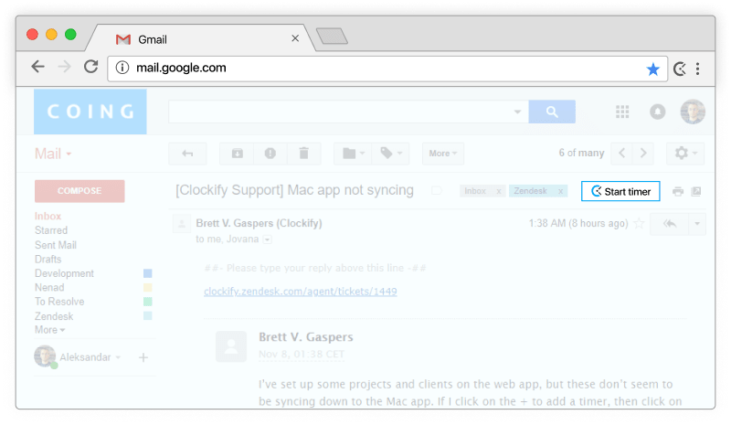 Rastreamento de tempo do Gmail - o cronômetro aparece nos e-mails do Gmail