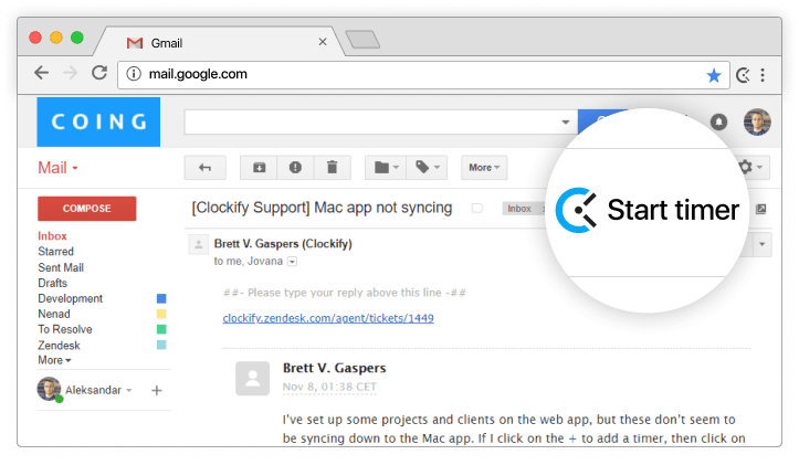 Capture d'écran de l'intégration du suivi du temps dans Gmail