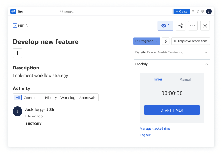 Atlassian Jira time tracking integration screenshot
