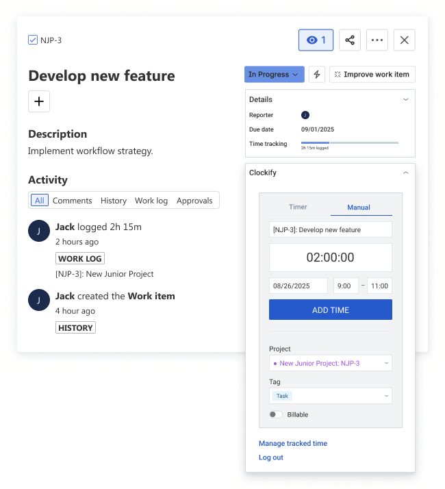 Manual time logging mode in Jira