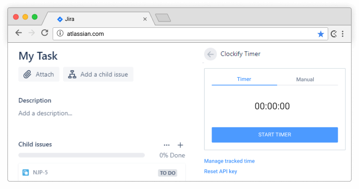 Captura de tela da integração de rastreamento de tempo do Atlassian Jira