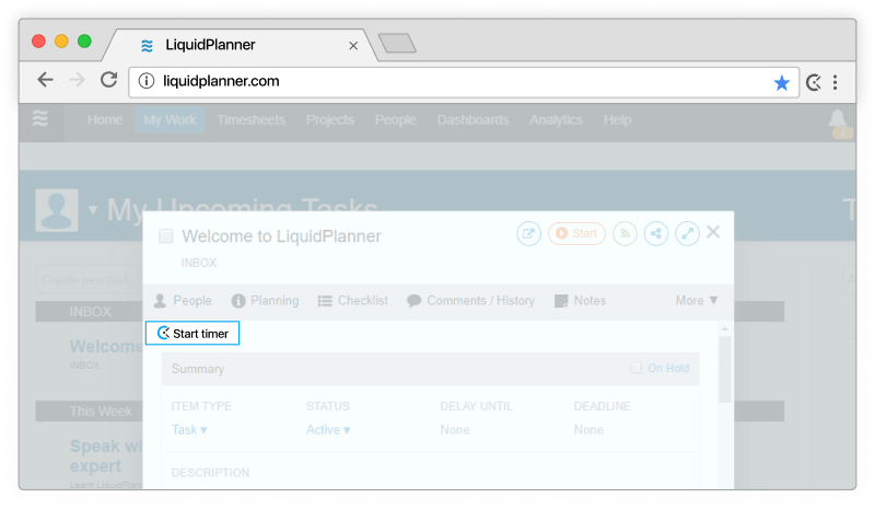 LiquidPlanner time tracking - timer appears in LiquidPlanner tasks