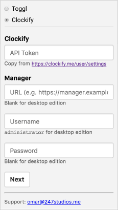 Manager.io time tracking - enter credentials