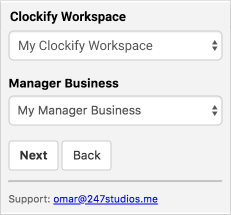 Rastreamento de tempo do Manager.io - escolha espaços de trabalho