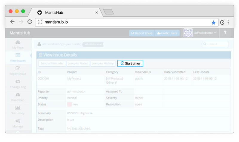 MantisHub time tracking - timer appears in MantisHub issues