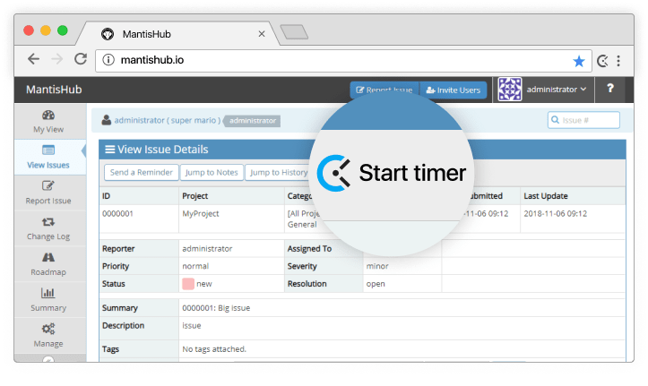 MantisHub time tracking integration screenshot