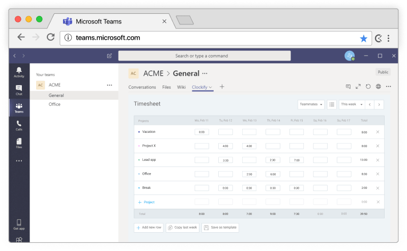 Microsoft Teams time tracking integration screenshot