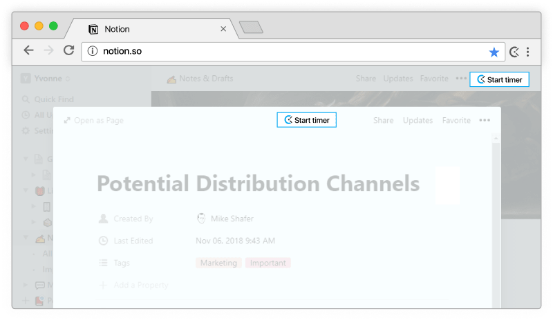 Rastreamento de Tempo para Notion - o cronômetro aparece nas anotações do Notion