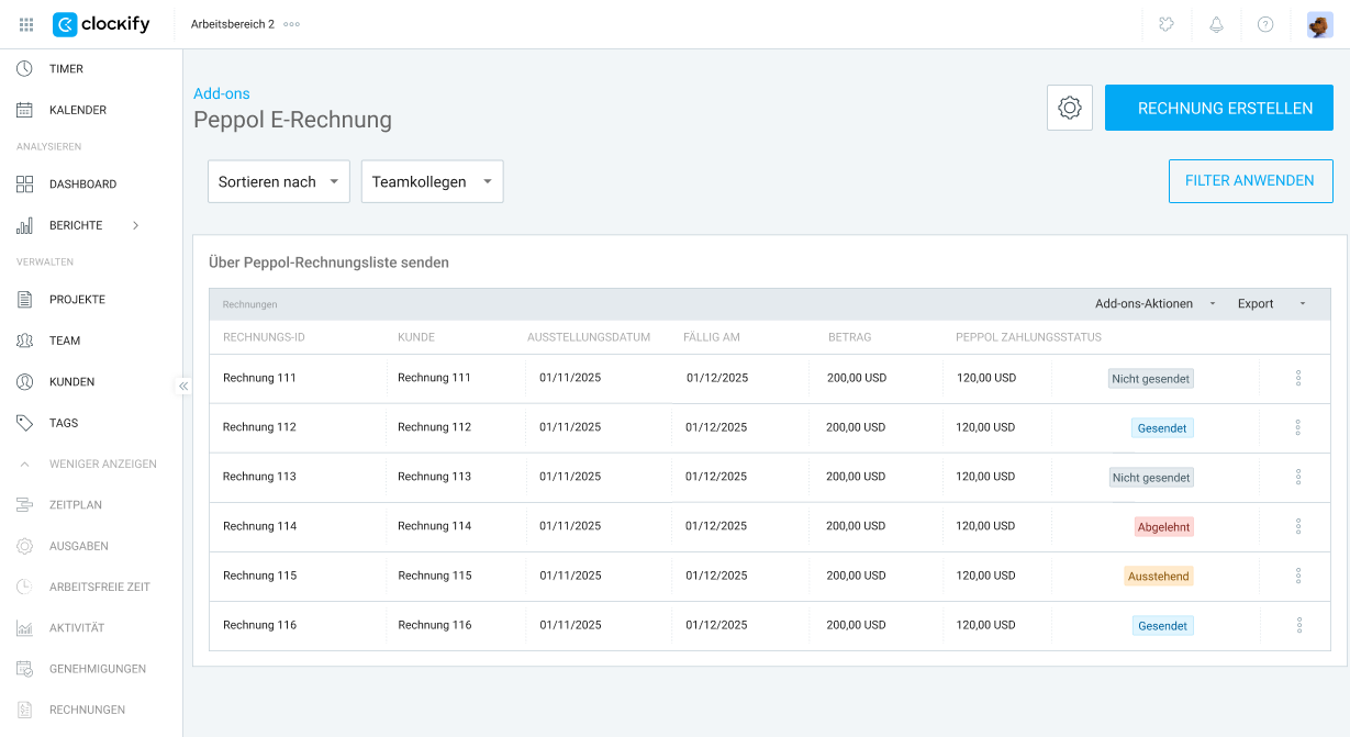 Send Clockify invoices to Peppol