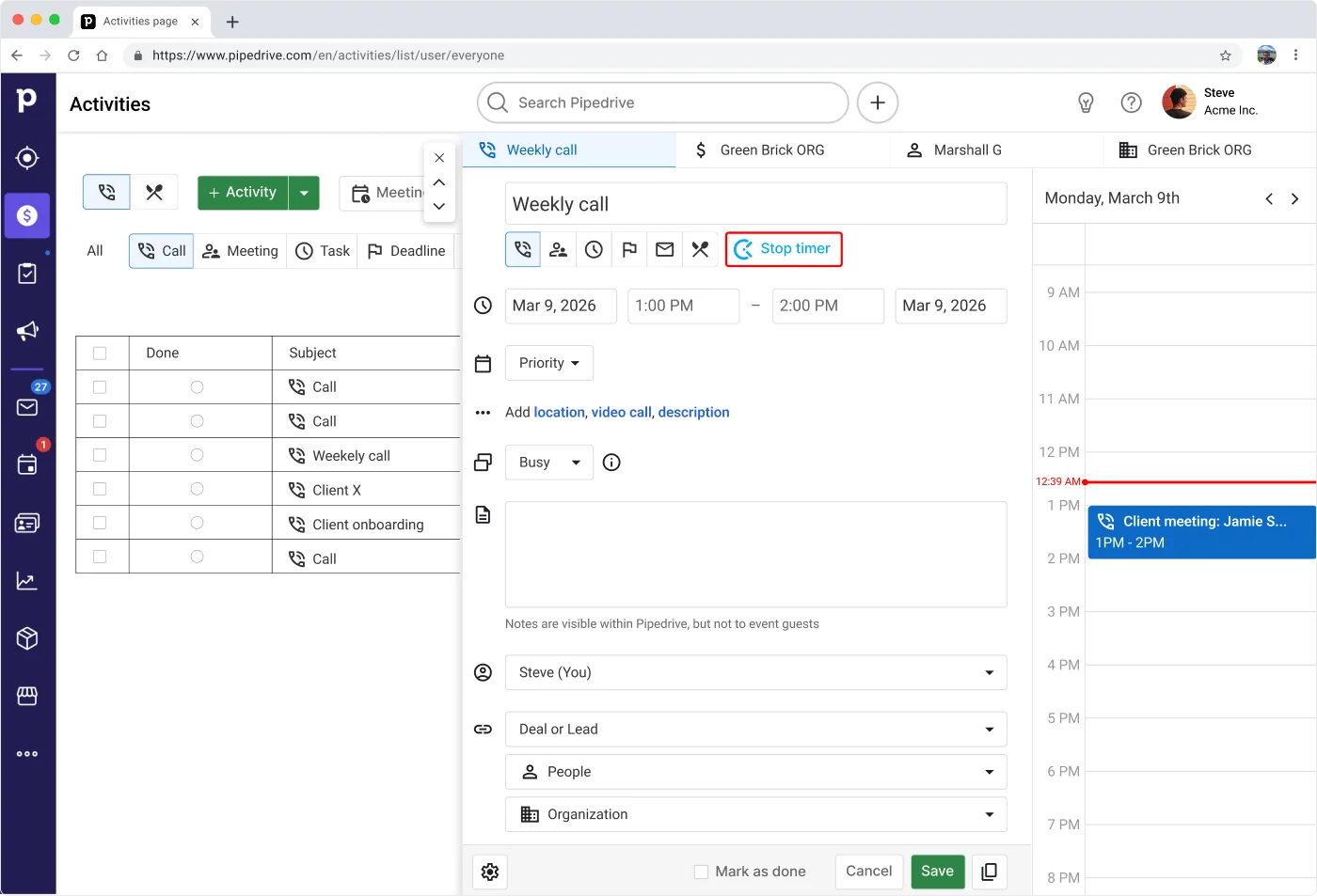 Pipedrive time tracking integration screenshot