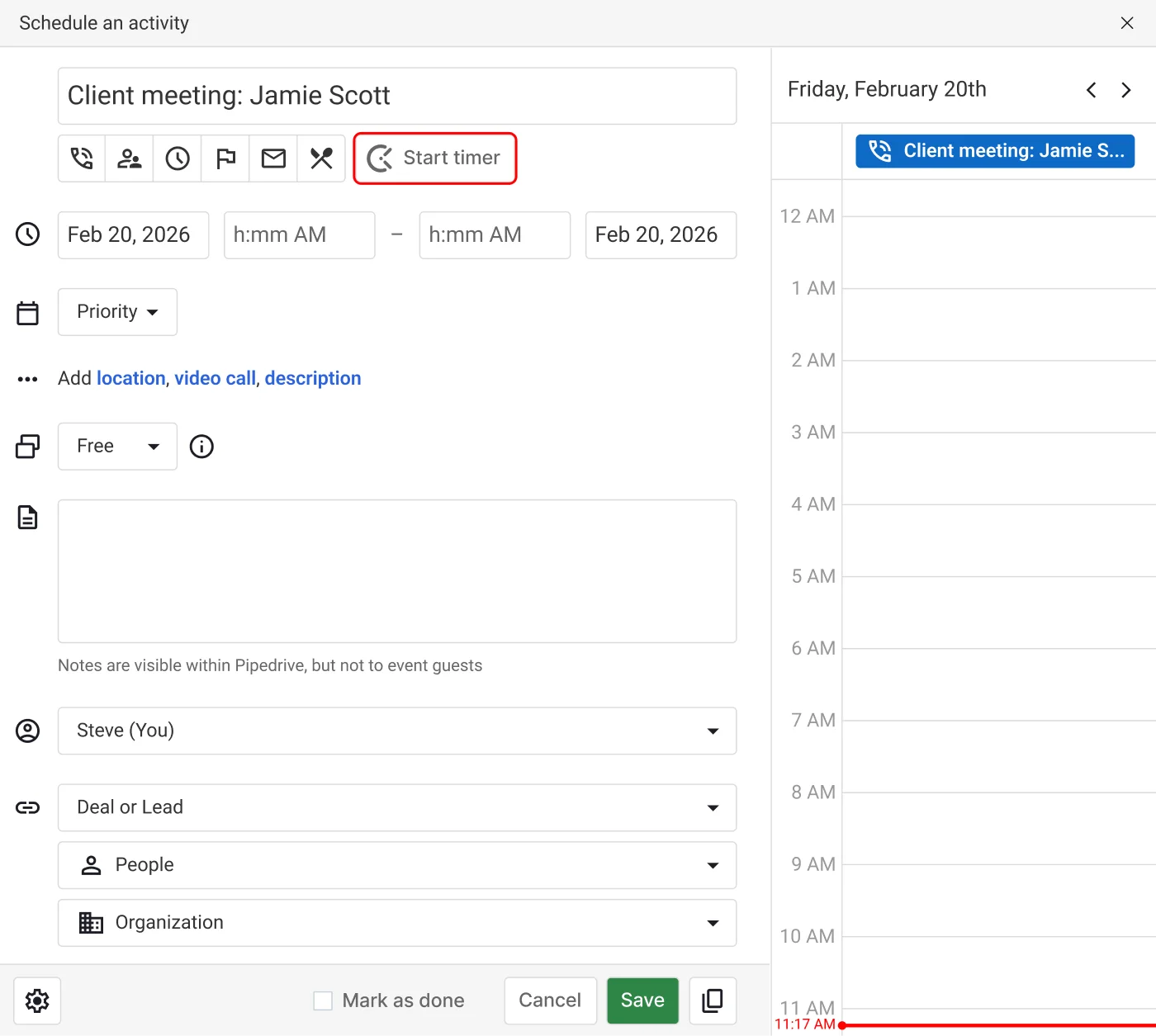 Pipedrive time tracking - start timer inside Pipedrive
