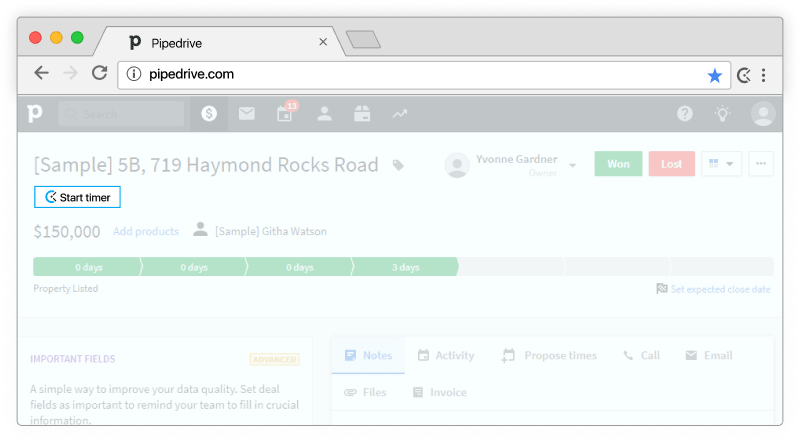 Pipedrive time tracking - timer appears on leads and contacts