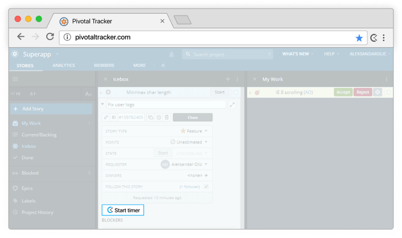 Pivotal Tracker time tracking - timer appears in Pivotal Tracker stories