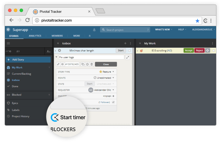 Pivotal Tracker time tracking integration screenshot
