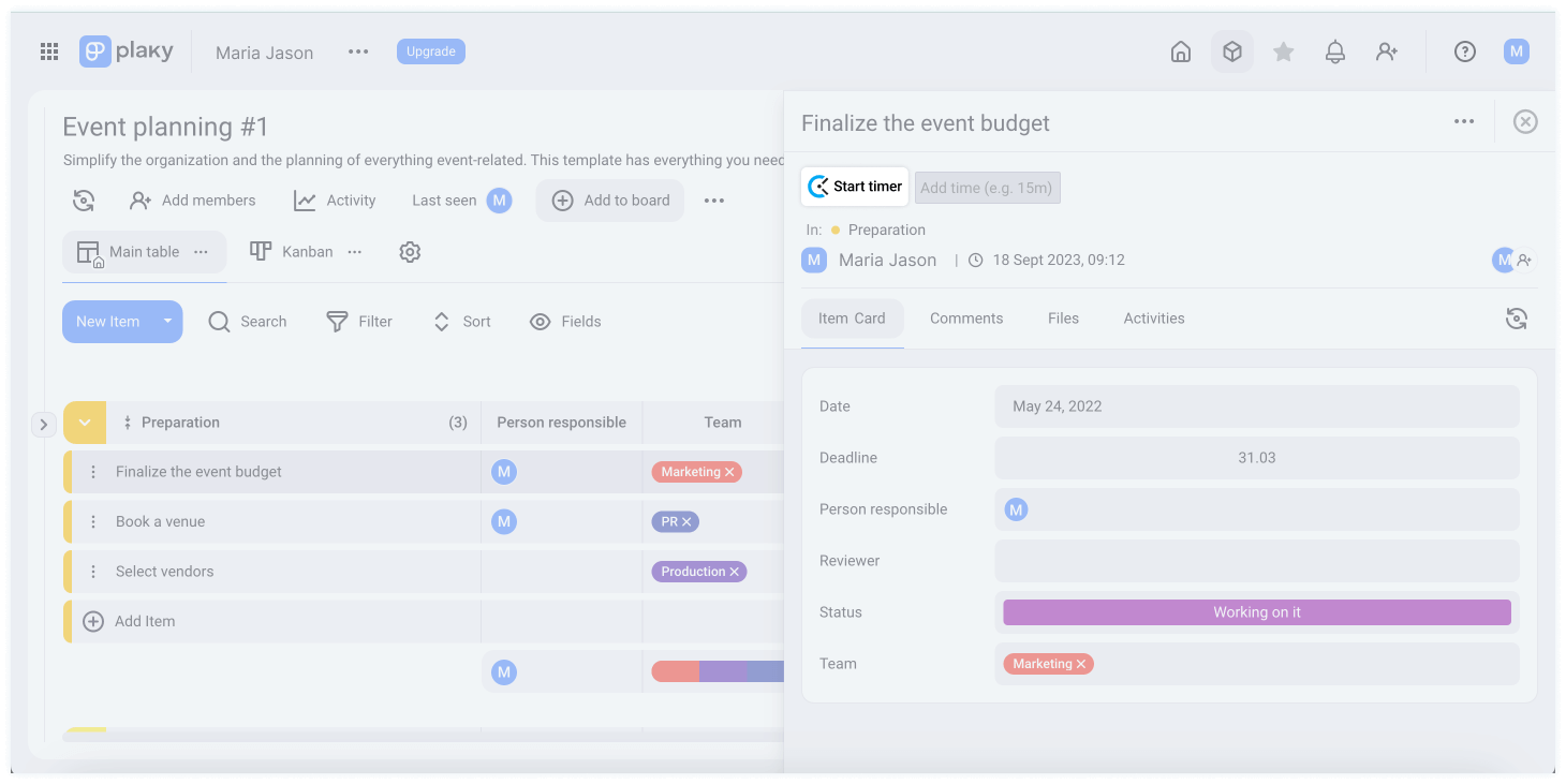 Control del tiempo para Plaky - el temporizador aparece en las tareas de Plaky