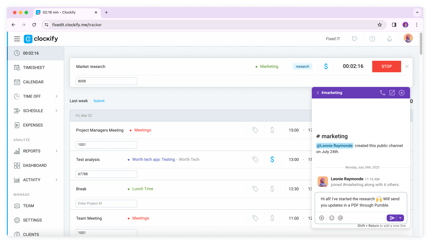 Chat with your team directly in Clockify