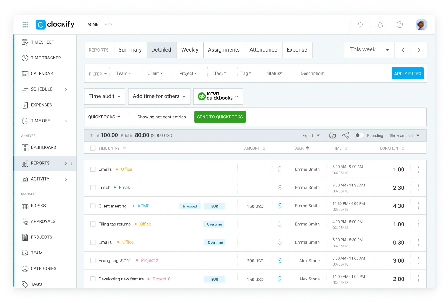QuickBooks time tracking integration screenshot