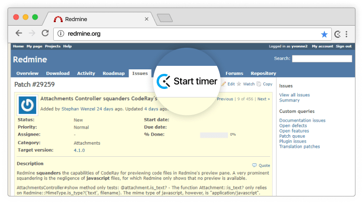 Redmine time tracking integration screenshot