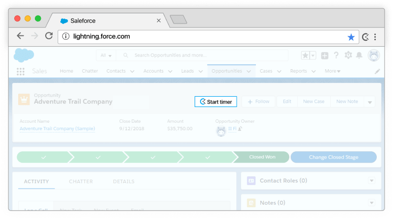 Rastreamento de tempo no Salesforce - o cronômetro aparece em leads e contatos