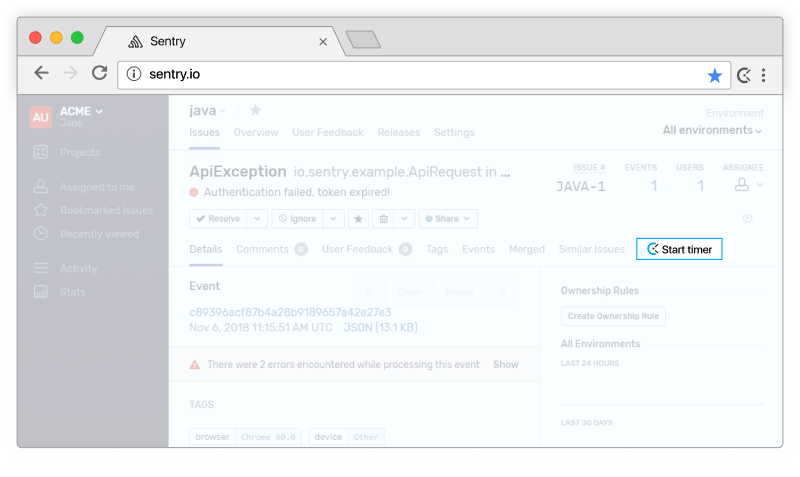 Sentry time tracking - timer appears in Sentry issues