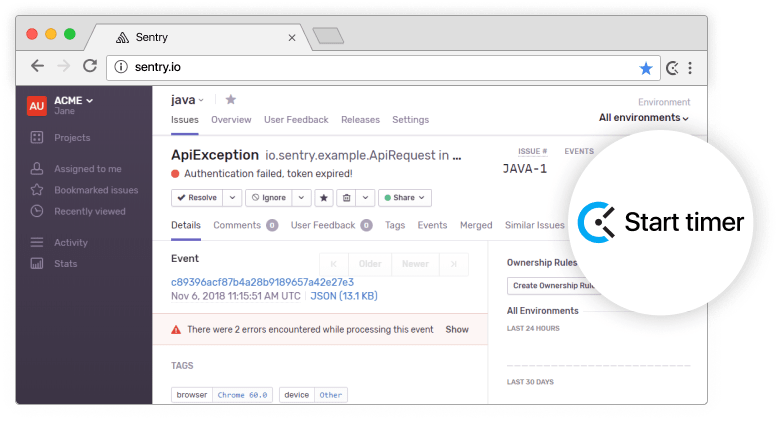 Sentry time tracking integration screenshot