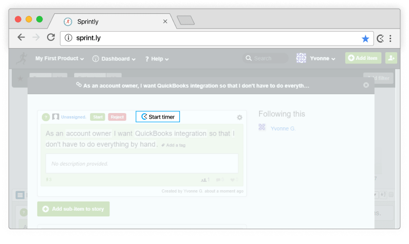Sprintly time tracking - timer appears in Sprintly stories