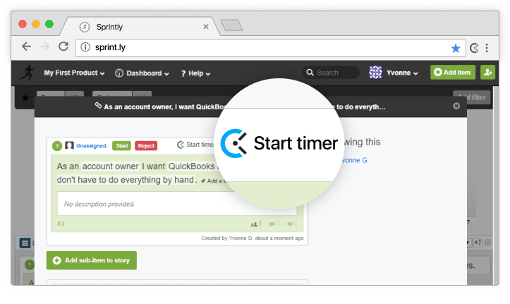 Sprintly time tracking integration screenshot