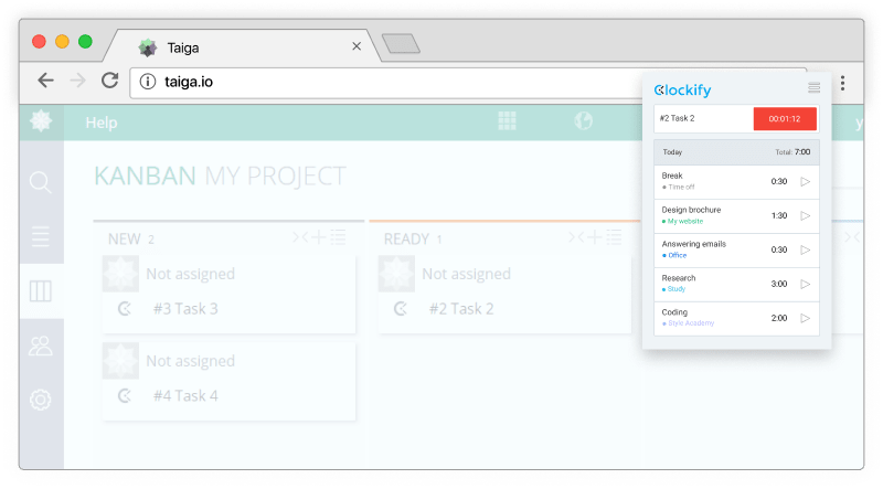 Taiga time tracking - timer starts ticking in Chrome