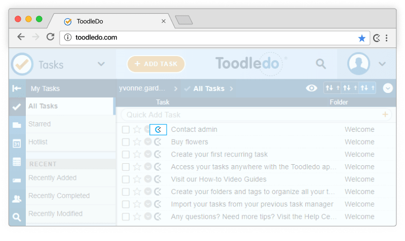 ToodleDo time tracking - timer appears in ToodleDo to-dos