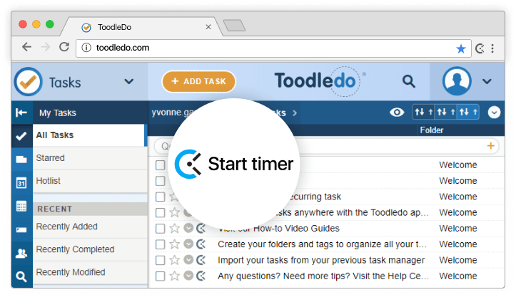 ToodleDo time tracking integration screenshot