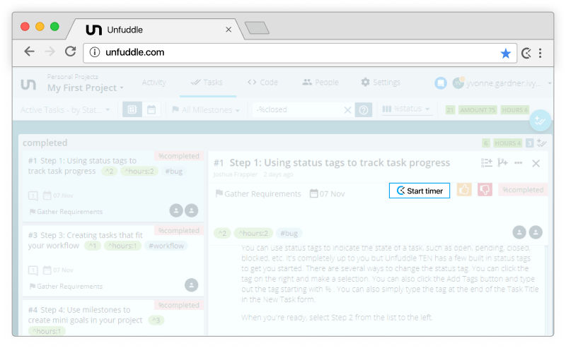 Unfuddle time tracking - timer appears in Unfuddle tasks