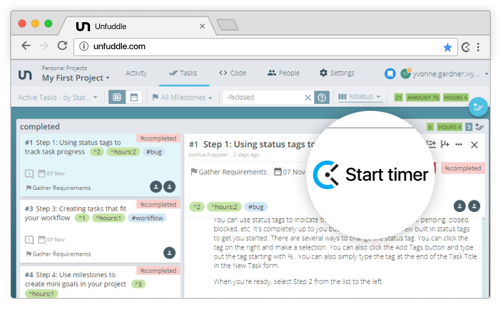 Unfuddle time tracking integration screenshot