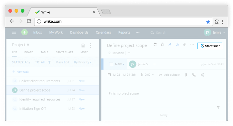 Suivi du temps dans Wrike - le minuteur apparaît sur les tâches