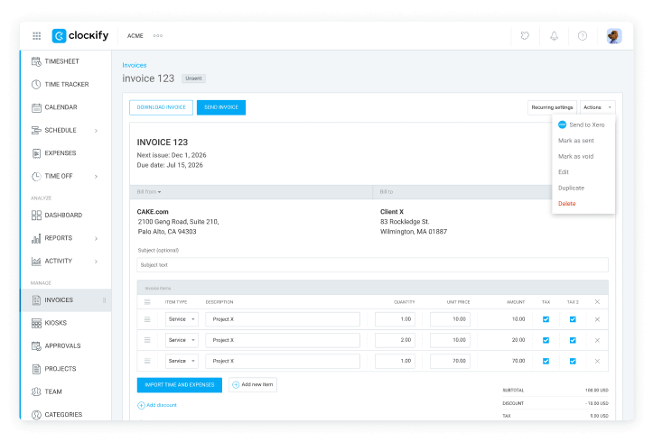 Xero time tracking and billing integration screenshot