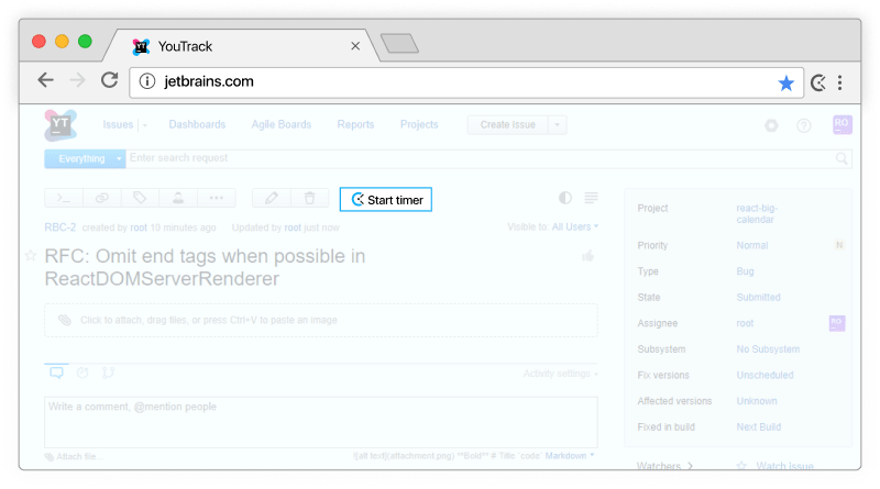 YouTrack time tracking - timer appears in YouTrack issues