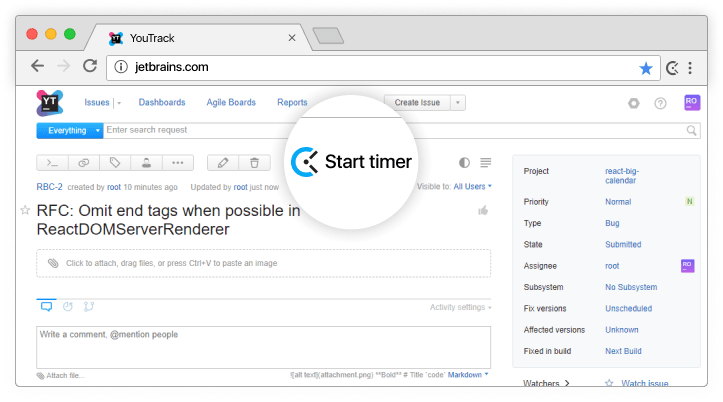 Jetbrain YouTrack integración de control del tiempo, captura de pantalla