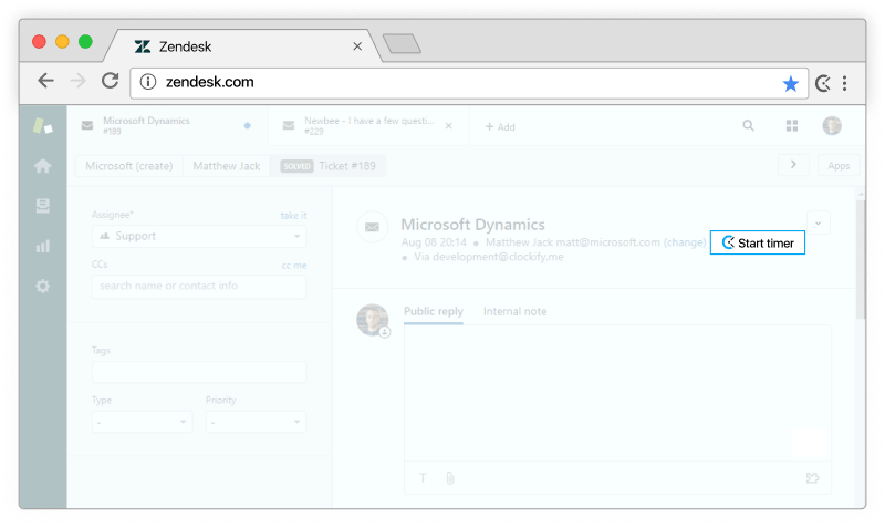 Rastreador de tempo para Zendesk - o cronômetro aparece nos tickets