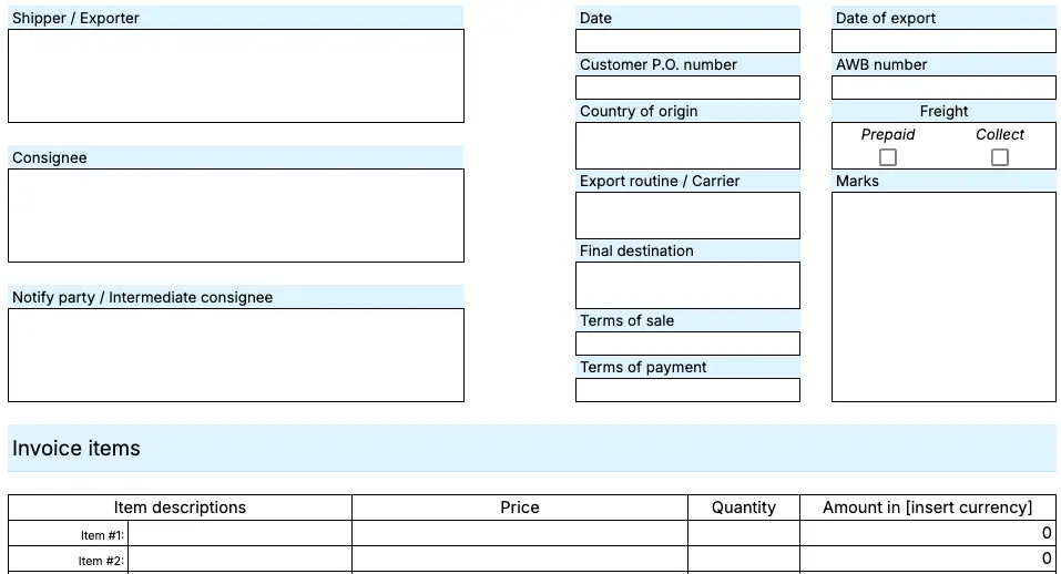 Commercial invoice template