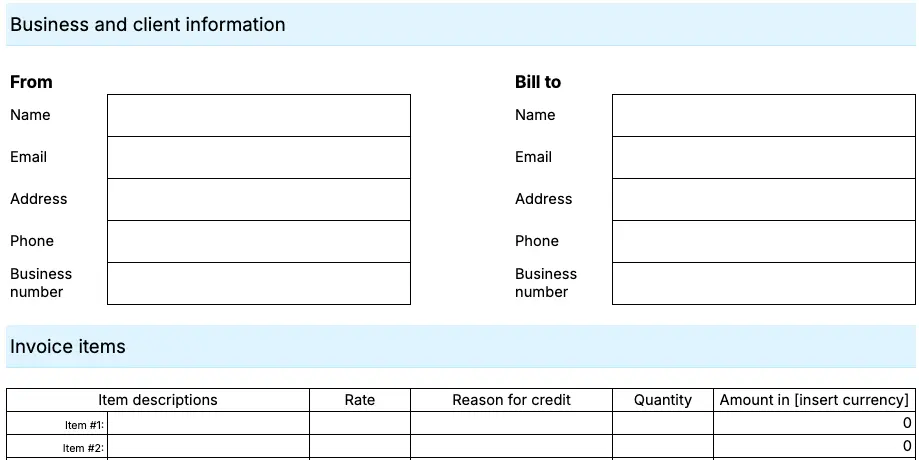 Credit invoice template